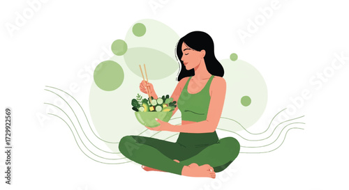 A serene woman practices mindful eating with a bowl of salad and chopsticks in a green outfit against a soft green background.