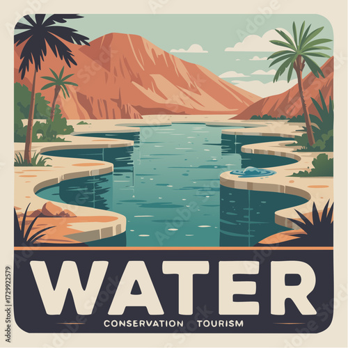 Vibrant desert oasis with palm trees and serene water, promoting conservation and tourism.