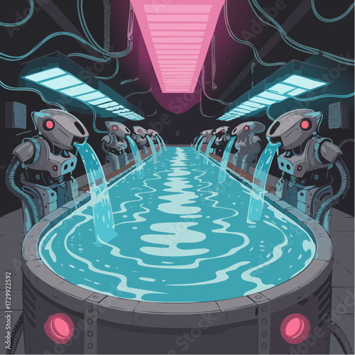 Futuristic robots meticulously pour liquid into a large pool in a high-tech industrial facility with vibrant lighting