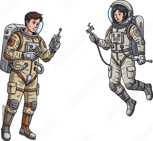 Astronauts floating in space, zero gravity mission, space suit technology, cosmic exploration, astronauts tools, science, teamwork, adventure