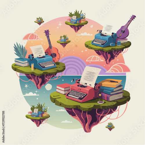 Whimsical floating islands showcase vintage typewriters, guitars, and stacks of books, evoking creativity and imagination in a dreamy, artistic landscape