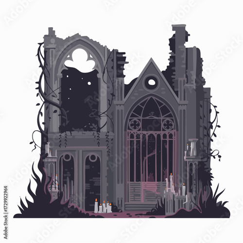 Mysterious ruined gothic cathedral with flickering candles and creeping vines creating an eerie, haunting atmosphere for your dark fantasy projects.