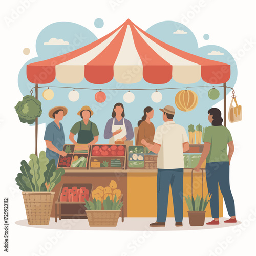 Vibrant farmers market scene capturing community connection and fresh produce shopping, promoting healthy living and local commerce