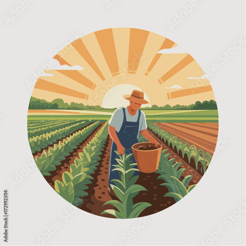 Dedicated farmer tending lush green crops at sunrise, harvesting bounty with care, embodying agricultural dedication and natural abundance