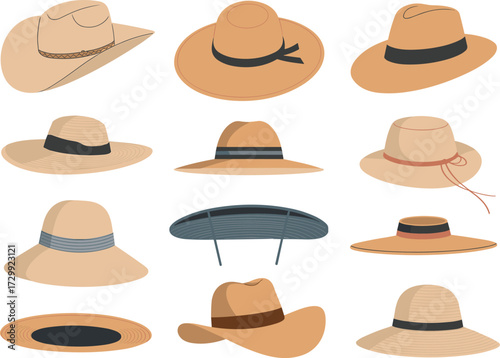 Straw hats vector set, summer hat collection, beach sun hats, wide brim hats, cowboy and boater hats, fashion accessories illustration