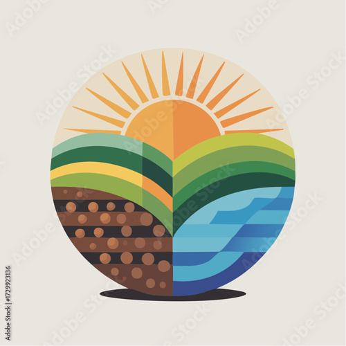 Vibrant sunrise over lush green rolling hills, fertile soil, and flowing blue water symbolizing growth and abundance