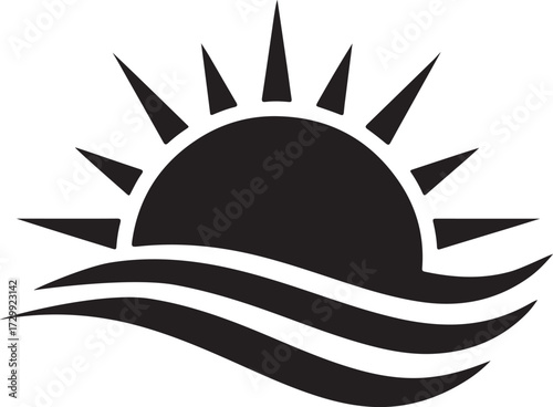 Sunrise or Sunset Over Ocean Waves Icon Tropical Beach and Travel Vector