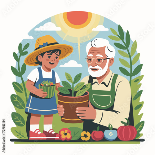 Joyful grandfather and granddaughter happily gardening together, sharing a precious moment of growth and connection outdoors under the warm sun.