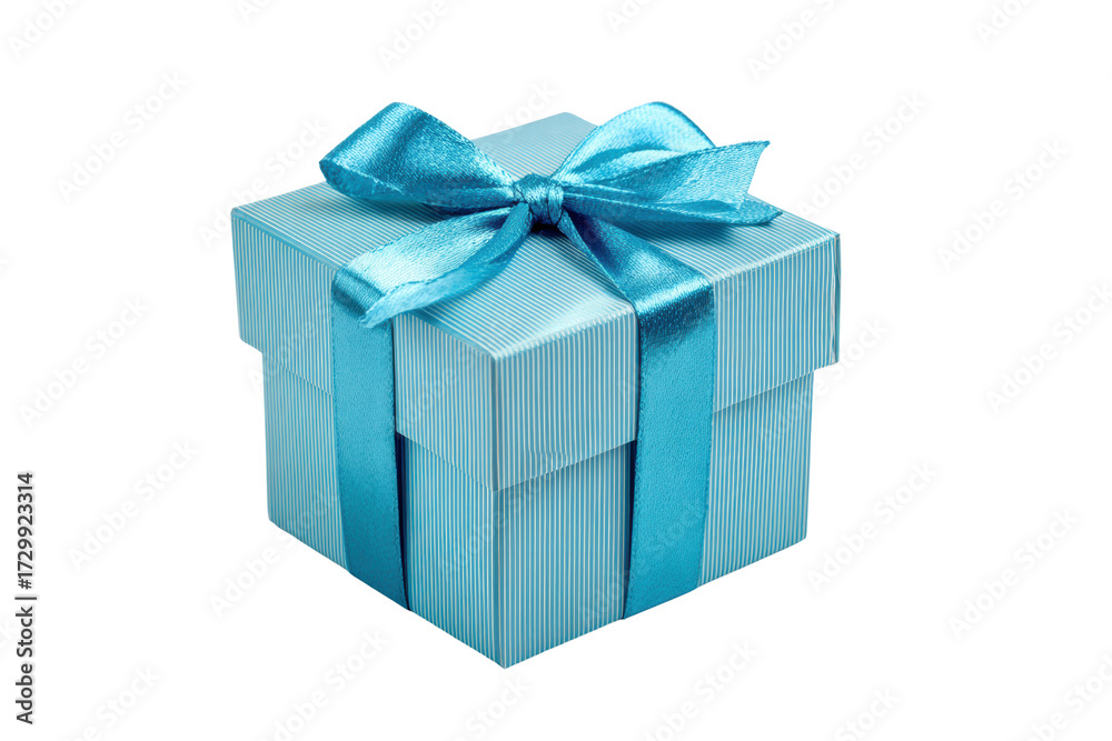 Fototapeta premium A blue box with a blue ribbon tied around it. The box is sitting on a white background