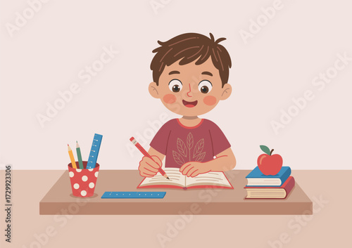 Happy young boy sitting at desk writing in notebook, school supplies, books, pencils, apple, education, studying, learning, cartoon vector illustration