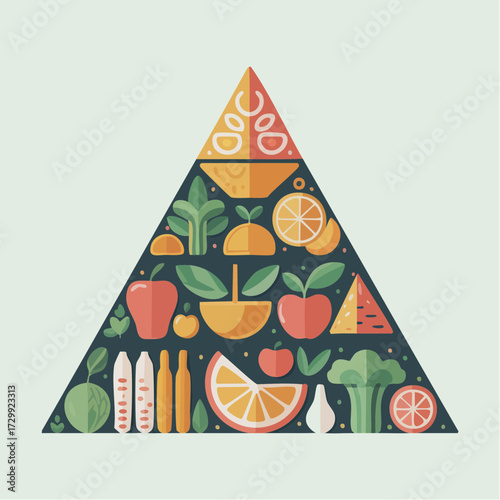 Vibrant healthy food pyramid illustration showcasing balanced nutrition with fresh fruits vegetables and grains for dietary guidance