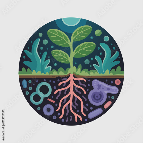 Vibrant plant life thrives with intricate root systems and diverse subterranean organisms in a stylized circular depiction of nature's interconnectedness