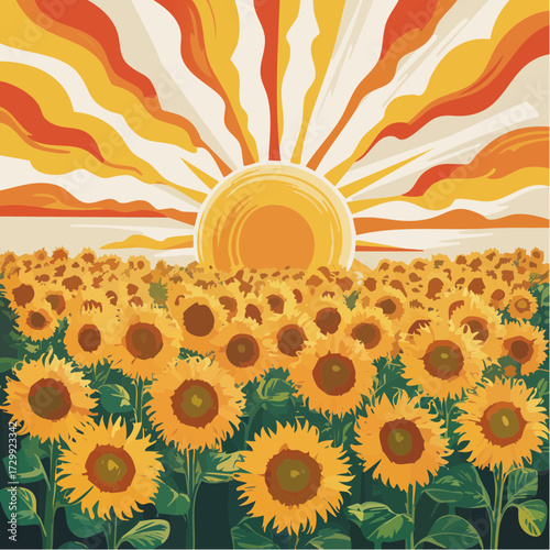 Vibrant sunflower field basks in warm sunrise glow, evoking summer's golden energy and natural beauty for uplifting designs.