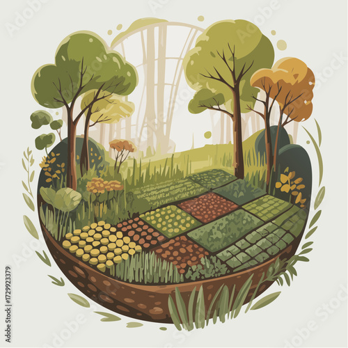 Vibrant garden patch showcases diverse crops and lush trees, symbolizing growth, sustainability, and natural abundance.