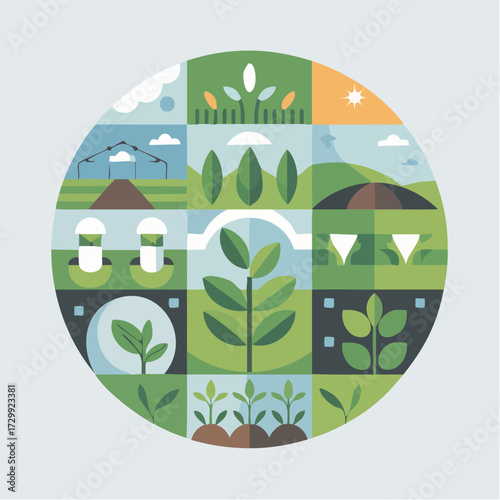 Vibrant sustainable agriculture concept showcasing growth stages from seedlings to harvest under a bright sun and blue sky