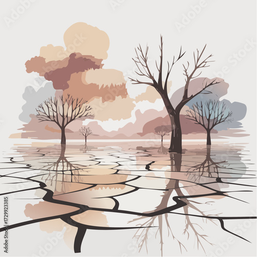 Atmospheric landscape art depicting cracked earth, bare trees, and muted clouds evokes a serene, yet desolate feeling using a modern, artistic style, originally vector