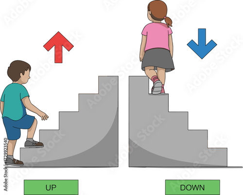 Illustration of children learning direction concept with boy climbing stairs up and girl walking down steps, educational up and down activity design