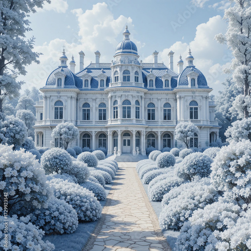 눈 덮힌 설경 속에 지어진 대저택의 정면 모습