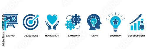 Workshop icon set vector illustration concept for teacher, objectives, motivation, teamwork, ideas, solution, and development