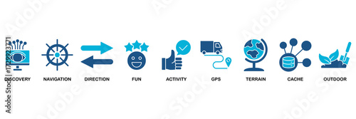 Geocaching icon set vector illustration concept for discovery, navigation, direction, fun, activity, gps, terrain, cache and outdoor