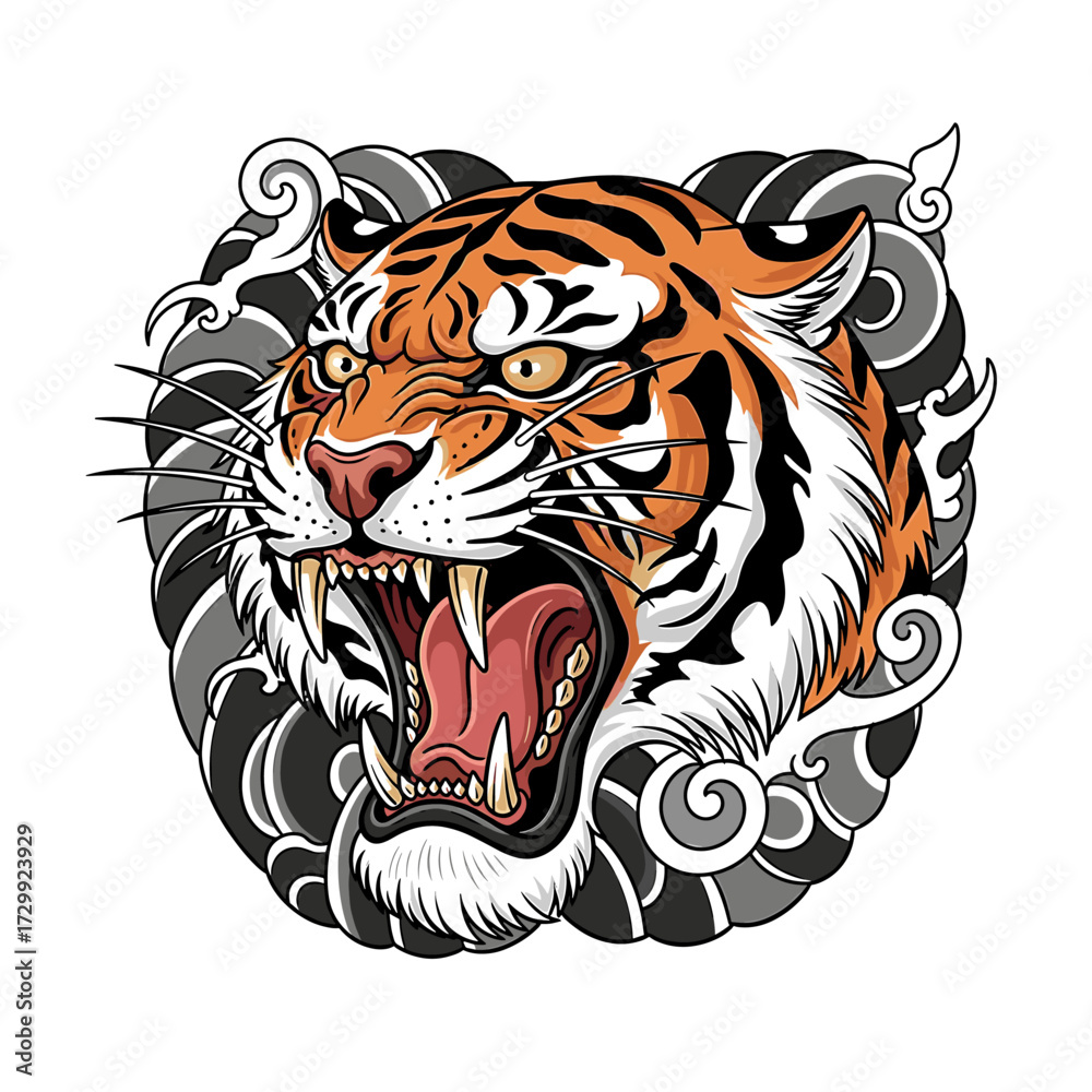 Fototapeta A fierce tiger with its mouth open, showcasing sharp teeth and a powerful roar, surrounded by swirling dark clouds.