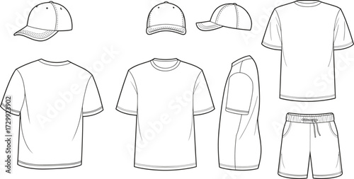 T shirt front back side view, baseball cap multiple angles, casual shorts template, blank apparel fashion design, cad drawing flat vector illustration, clothing mockup