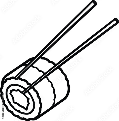 Sushi roll with chopsticks line art on transparent background