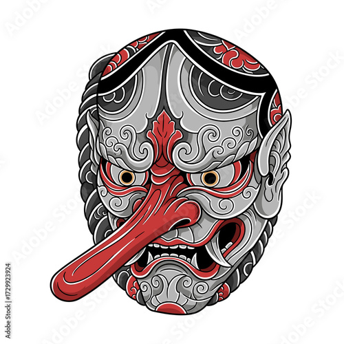 Intricate illustration of a Tengu mask, a mythical creature from Japanese folklore, with a long nose.