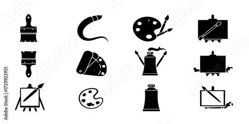 Painting or art drawing silhouette design bundle, set of artwork logo icon, brush, paint tube, colour, canvas clip art symbol
