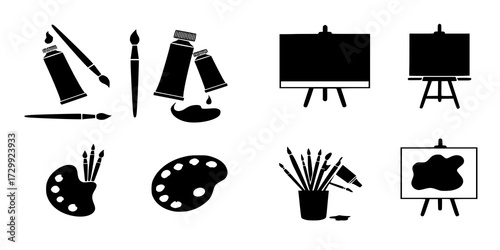 Painting or art drawing silhouette design bundle, set of artwork logo icon, brush, paint tube, colour, canvas clip art symbol
