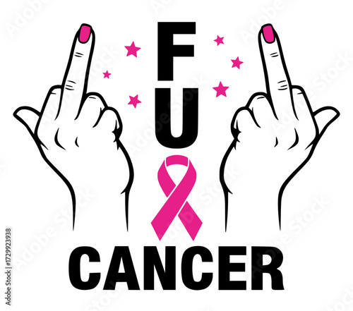 Hands with pink nails giving middle fingers and pink ribbon, breast cancer awareness, rebel, fight, survivor, hope