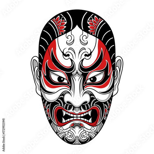 Stylized Japanese Kabuki mask with intricate red, black, and white patterns and an aggressive expression.