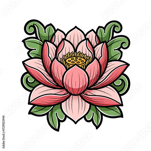 A stylized illustration of a pink lotus flower in full bloom with green leaves, rendered in a traditional tattoo art style on a white background.