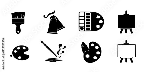 Painting or art drawing silhouette design bundle, set of artwork logo icon, brush, paint tube, colour, canvas clip art symbol
