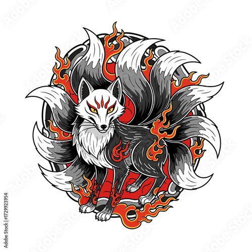 Mystical nine-tailed Kitsune fox surrounded by fiery Japanese-style flames in a circular emblem design, depicting an ancient spirit creature.