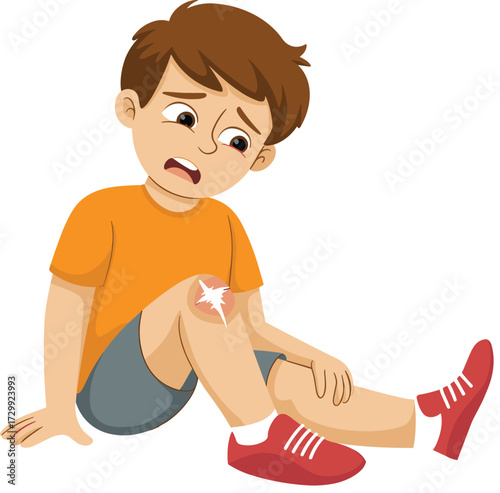 Sad boy with scraped knee illustration, injured child sitting on ground, pain expression, first aid, accident injury, health care, medical safety concept
