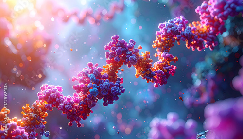 Microscopic molecular structures with vibrant purple and orange hues protein helix