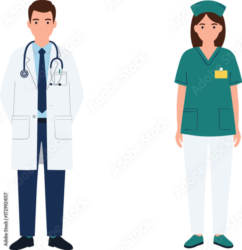Doctor and nurse, medical professionals, healthcare team, hospital uniform, stethoscope, clinical staff, safety, professional attire