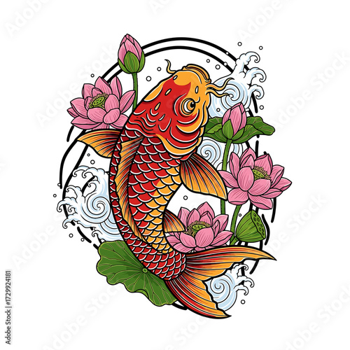 A vibrant illustration of a koi fish swimming amongst pink lotus flowers and stylized water waves.
