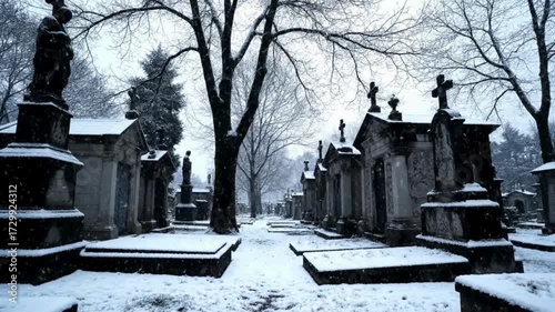 Slow-motion shot of snow Falling in Père Lachaise Cemetery