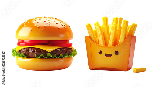 Minimal 3D Fast Food Emoji Icons Pack with Burger and Fries Variations, isolated on transparent background