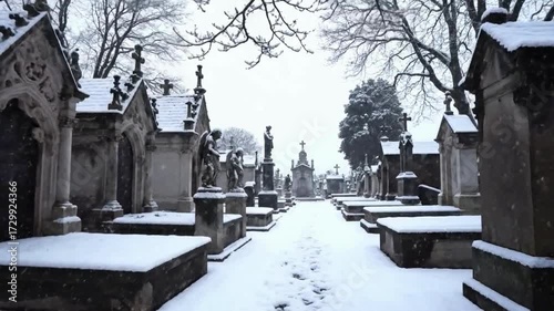 Slow-motion shot of snow Falling in Père Lachaise Cemetery