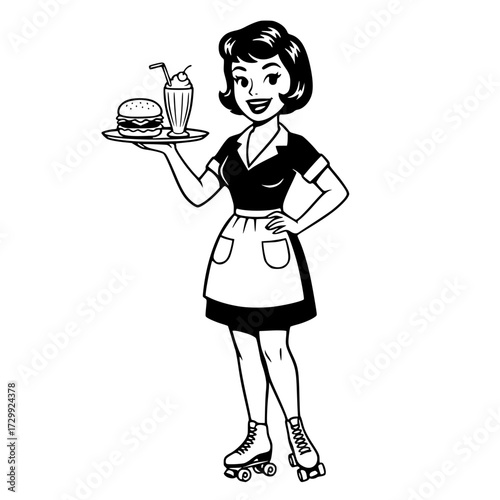 Retro roller skate waitress serving a burger and milkshake, diner, vintage, food service, fifties, retro