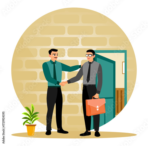 The manager greets a coworker who is leaving the company to start a new opportunity.