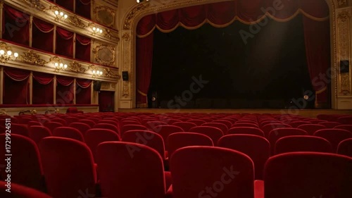 Wide-angle shot of an empty theater with rows of red seats, creating a cinematic atmosphere, perfect for a video about film experiences