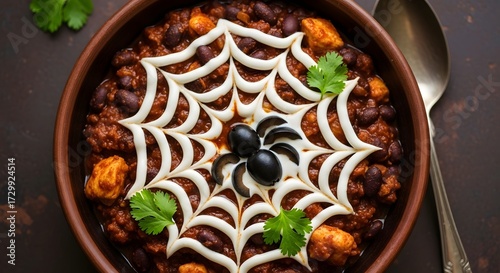 A bowl of hearty chili decorated with a white sour cream spider web and black olive spider, garnished with fresh parsley, for a festive halloween meal