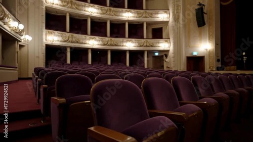 Wide-angle shot of an empty theater with rows of dark-purple seats, creating a cinematic atmosphere, perfect for a video about film experiences
