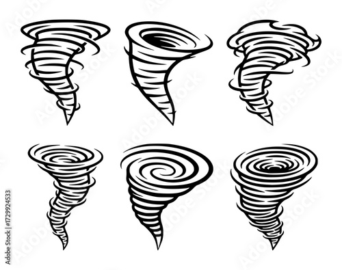 Set of six swirling tornado and whirlwind funnel clouds, weather, disaster, wind, storm, natural