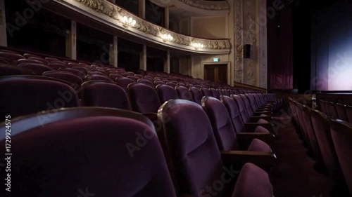 Wide-angle shot of an empty theater with rows of dark-purple seats, creating a cinematic atmosphere, perfect for a video about film experiences
