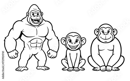 Three cartoon primates: a muscular gorilla, a small monkey, and a chimp, cartoon, monkey, gorilla, chimpanzee, animals